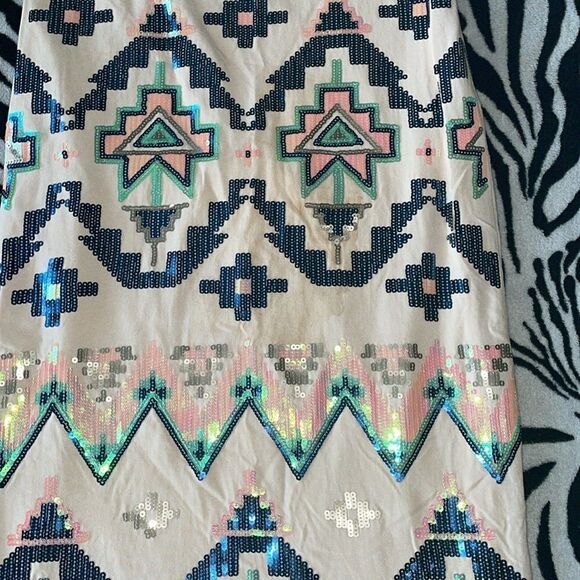 3/$15Express colorful sequin geometric Aztec print strapless mini dress XS - Picture 3 of 11